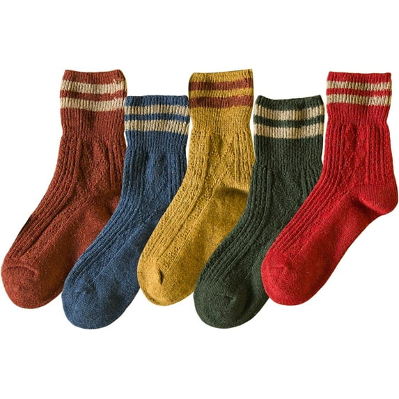Women Vintage Striped Wool Socks, Fall Winter Warm Hiking Crew Knit Soft Socks 5 Pairs