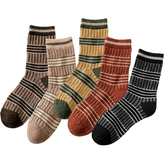 Women Vintage Striped Wool Socks, Fall Winter Warm Hiking Crew Knit Soft Socks 5 Pairs