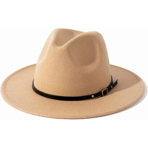 Women Vintage Style Wide Brim Wool Fedora Panama Hat with Belt Buckle