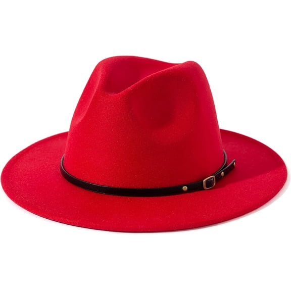 Women Vintage Style Wide Brim Wool Fedora Panama Hat with Belt Buckle