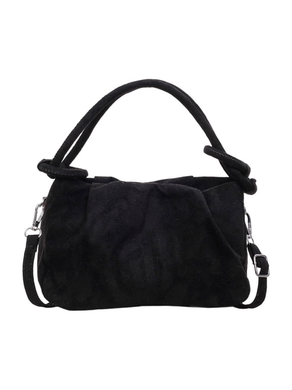 Women Vintage Suede Handbag Tote Bag Drawstring Bucket Bag Faux Suede Crossbody Bag Everyday Shoulder Bag Winter Purse (Black)