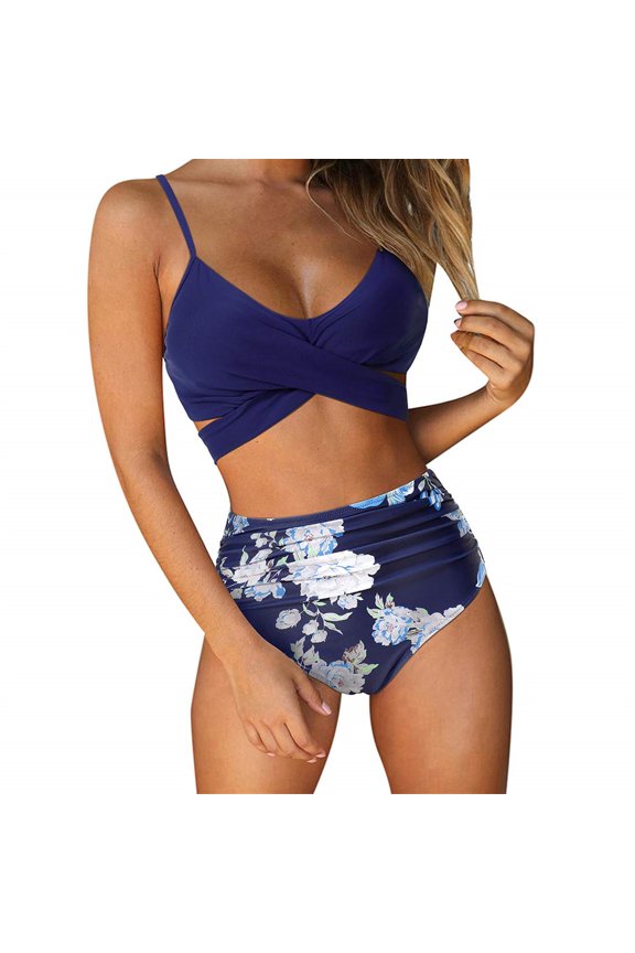 Women High Waisted Bikini Halter V Neck Two Piece Push Up Retro Swimsuits, Womens Criss Cross High Waisted String Floral Printed 2 Piece Bathing Suits