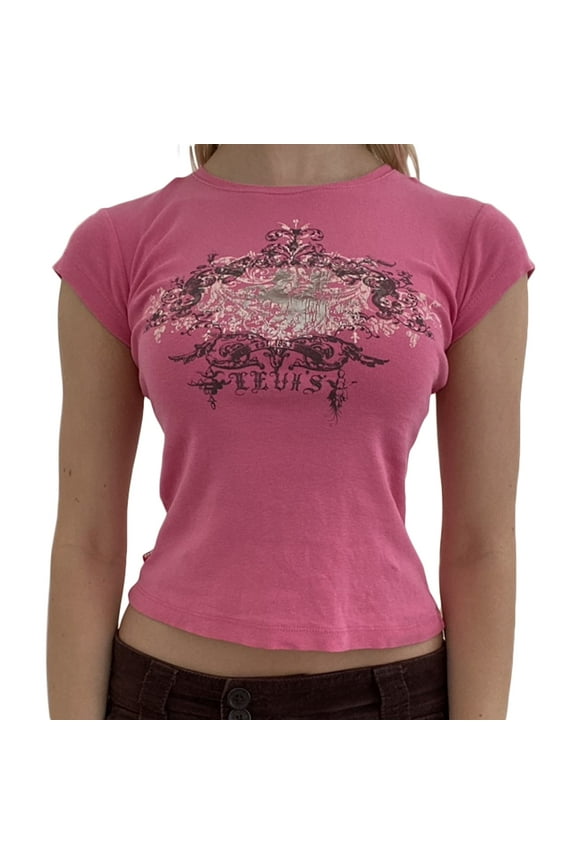 Women Vintage T-Shirt Casual Short Sleeve Round Neck Graphic Print Blouse Tee E-Girl Fairy Grunge Streetwear