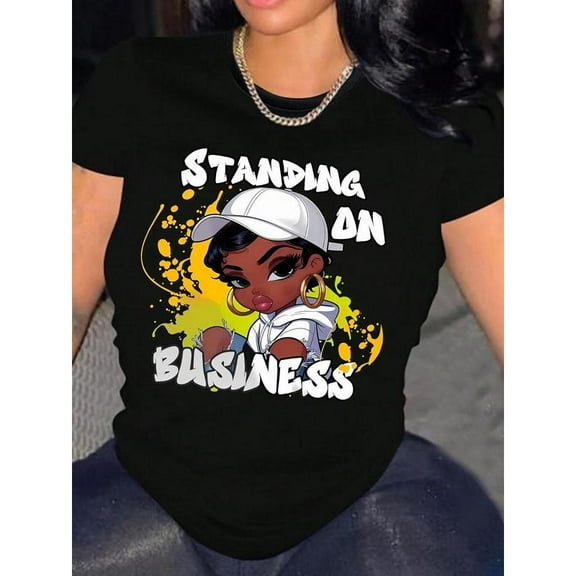 Women Vintage Tee Black S-5XL Cartoon Letter Print Short Sleeve Cotton T-Shirt Top Casual Comfort