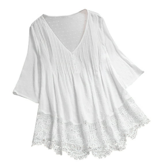 Women Vintage Three Quarter Lace V Neck Plus Size Top T Shirt Blouse Layering Long Sleeve Shirt Women Casual Shirts Women Long Sleeve Tee for Women Long Sleeve Compression Shirt Women Ladies
