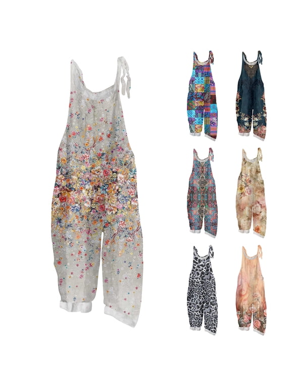 Women Vintage Tiny Floral Print Bib Overalls Loose Fit Cotton Linen Jumpsuit Casual Sleeveless Suspender Pants With Pockets 2XL