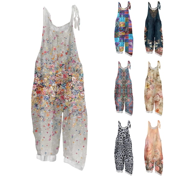 Women Vintage Tiny Floral Print Bib Overalls Loose Fit Cotton Linen Jumpsuit Casual Sleeveless Suspender Pants With Pockets XL