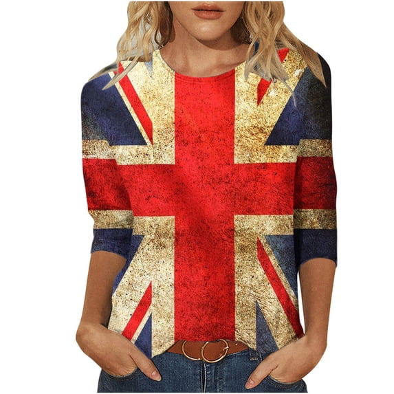 Women Vintage Tops 3/4 Short Sleeve Patriotic British Flag T-Shirt Britain and USA Pride T-Shirt