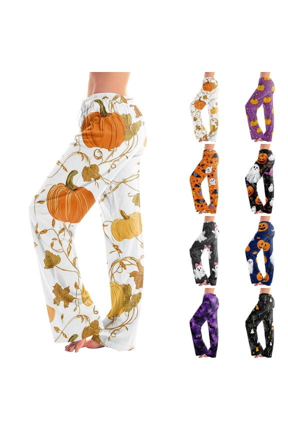 Women Vintage Vine Pumpkin Maple Leaf Halloween Print Drawstring Casual Pants Milk Silk Loungewear Sleep Trousers Orange L