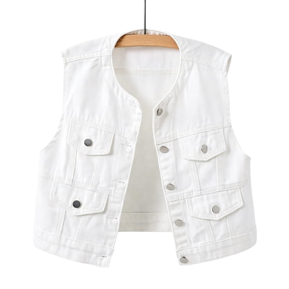 Women Vintage Washed Cropped Denim Vests, Round Neck Sleeveless Jean Jackets Fashion Streetwear Waistcoat White M