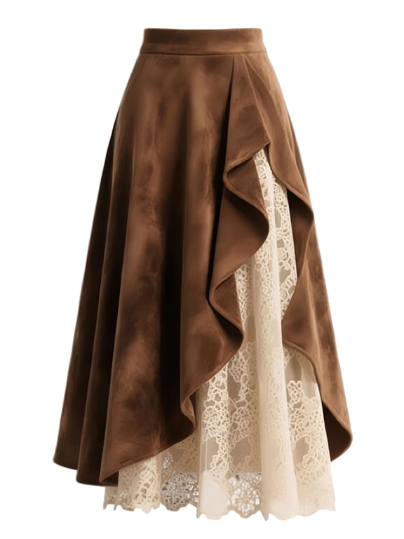 Women Vintage Western Suede Lace Patchwork High Waist A Line Maxi Skirt with Zipper Dark Brown M