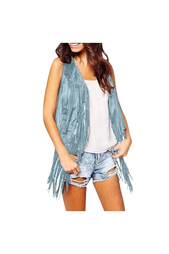 Women Vintage Western Vest Fringe Sleeveless Suede Leather Tassel Y2K Boho Cowboy Cardigan Open Front Wide Collar 70s