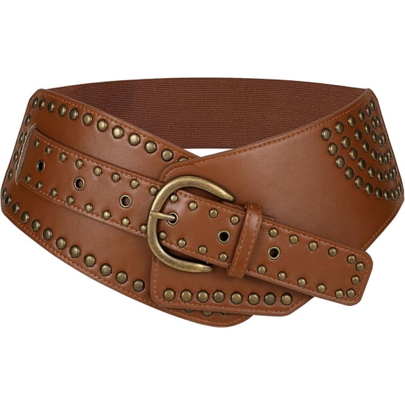 Women Vintage Wide Elastic Belt Rivets Stretchy Waist Belt with Metal Buckle