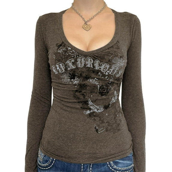 Women Vintage Y2K Long Sleeve T-shirt Heart Wing Rose Graphic Printed Tops Retro Grunge Gothic Tee