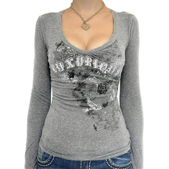 Women Vintage Y2K Long Sleeve T-shirt Heart Wing Rose Graphic Printed Tops Retro Grunge Gothic Tee