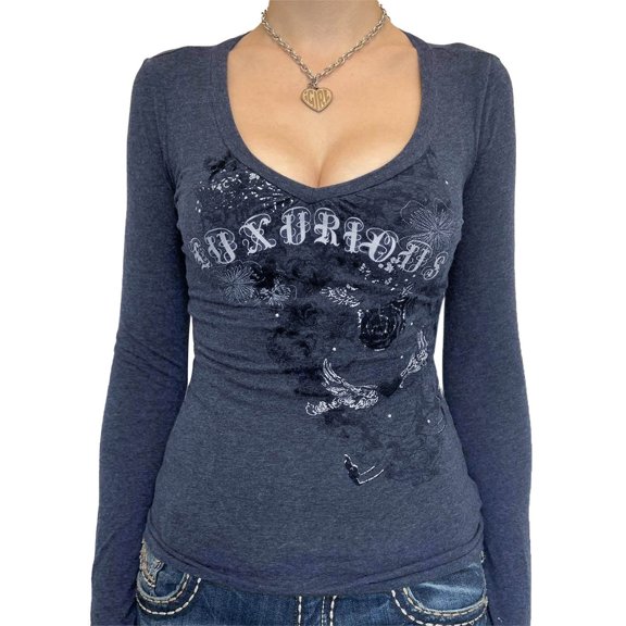 Women Vintage Y2K Long Sleeve T-shirt Heart Wing Rose Graphic Printed Tops Retro Grunge Gothic Tee