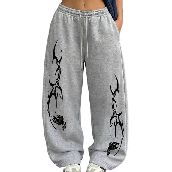 Women Vintage Y2K Tribal Abstract Graphic Wide Leg Sweat Trousers Soft Elastic Drawstring Relaxed Cut Street Pants for Indie Daily Casual Outfits