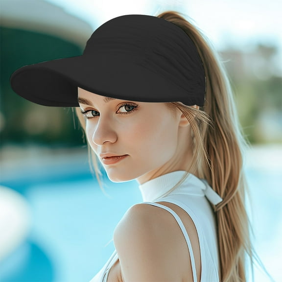 Women Visor Sun Hat Wide Brim Hat Adjustable Foldable Ponytail Beach Hat Summer UV Protection Outdoor Cap UPF 50 