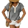 thumbnail image 1 of Women Vneck Button Down Top Summer Sweater Shirt Short Sleeve Blouses Striped Knit Tshirt Outfits, 1 of 6