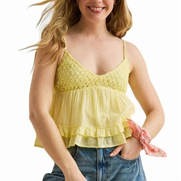 Women Vneck Camisole Y2k Spaghetti Strap Peplum Crop Tank Babydoll Flowy Top Trendy Summer Shirt Light Yellow S