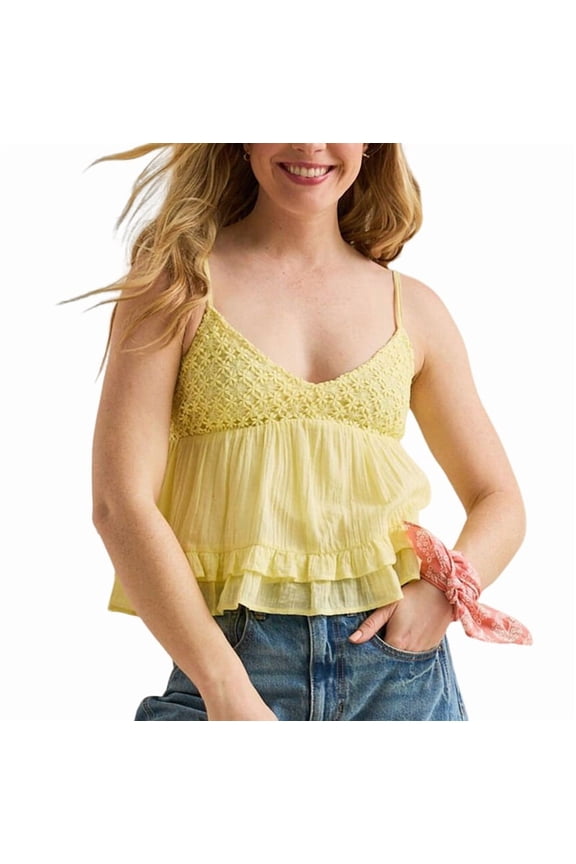 Women Vneck Camisole Y2k Spaghetti Strap Peplum Crop Tank Babydoll Flowy Top Trendy Summer Shirt Light Yellow S