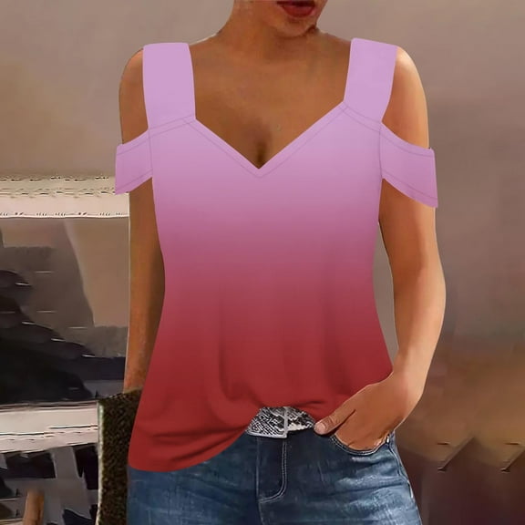 Women Vneck Top Cold Shoulder Tank Tops Gradient Pullover Shirts Wide Strap Tunic Blouses Casual Trendy Outfits Clothing