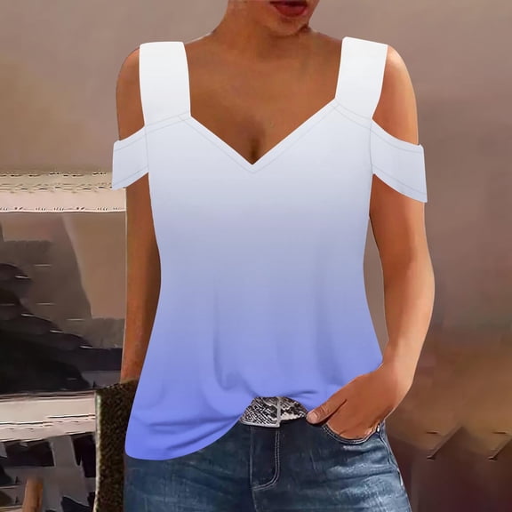 Women Vneck Top Cold Shoulder Tank Tops Gradient Pullover Shirts Wide Strap Tunic Blouses Casual Trendy Outfits Clothing