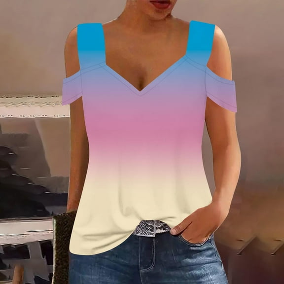 Women Vneck Top Cold Shoulder Tank Tops Gradient Pullover Shirts Wide Strap Tunic Blouses Casual Trendy Outfits Clothing