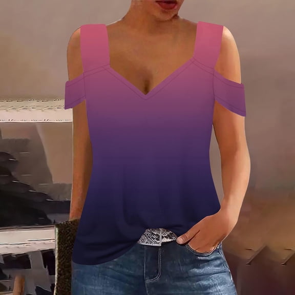 Women Vneck Top Cold Shoulder Tank Tops Gradient Pullover Shirts Wide Strap Tunic Blouses Casual Trendy Outfits Clothing