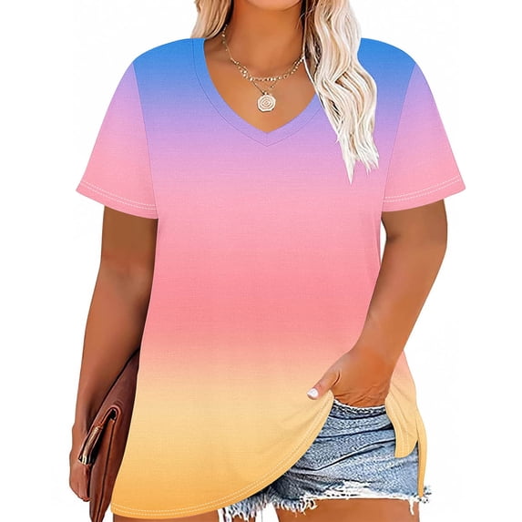 Women Vneck Tops Gradient Short Sleeve Tees Loose Tunic Tshirts Plus Size Summer Blouses 2025