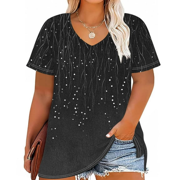 Women Vneck Tops Gradient Short Sleeve Tees Loose Tunic Tshirts Plus Size Summer Blouses 2025