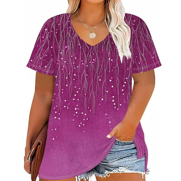 Women Vneck Tops Gradient Short Sleeve Tees Loose Tunic Tshirts Plus Size Summer Blouses 2025