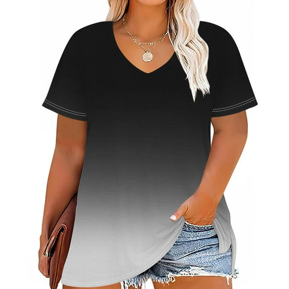 Women Vneck Tops Gradient Short Sleeve Tees Loose Tunic Tshirts Plus Size Summer Blouses 2025