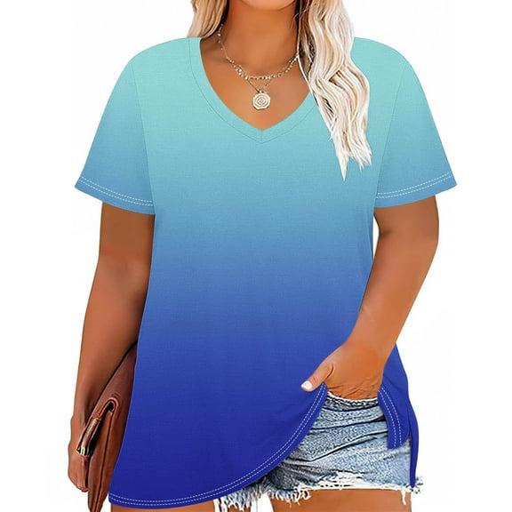 Women Vneck Tops Gradient Short Sleeve Tees Loose Tunic Tshirts Plus Size Summer Blouses 2025