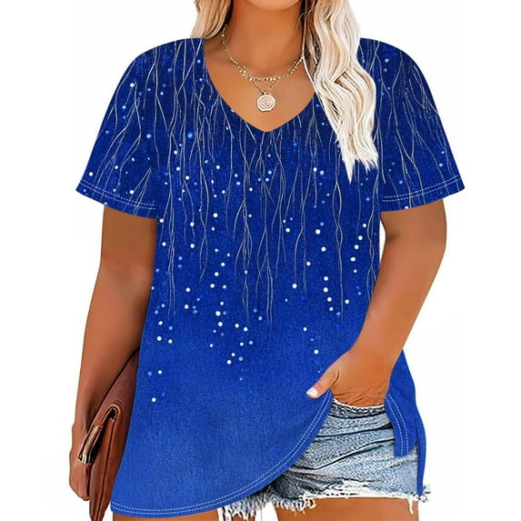 Women Vneck Tops Gradient Short Sleeve Tees Loose Tunic Tshirts Plus Size Summer Blouses 2025