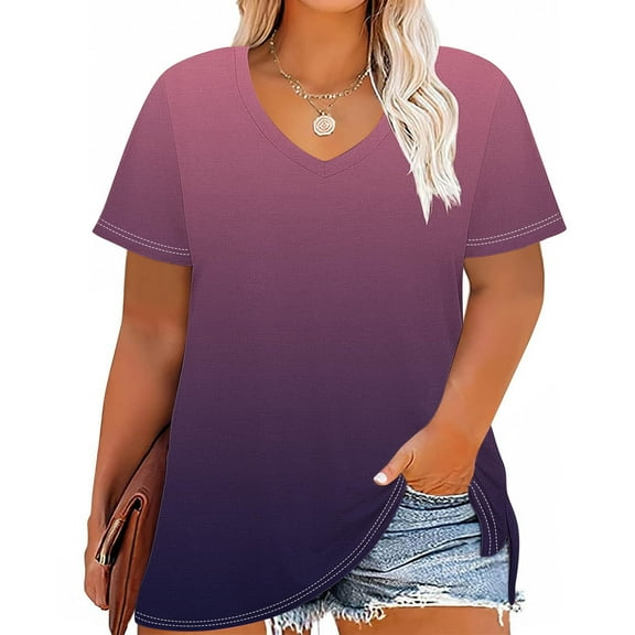 Women Vneck Tops Gradient Short Sleeve Tees Loose Tunic Tshirts Plus Size Summer Blouses 2025