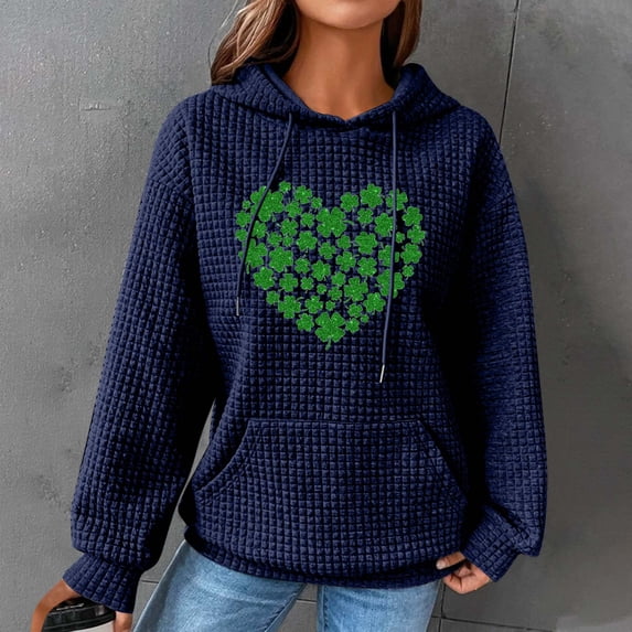 Women Waffle Hoodie 2024,Womens St. Patricks Day Hoodie Waffle Knit Cute Love Heart Print Graphic Oversized Sweatshirts Casual Long Sleeve Pullover with Pockets