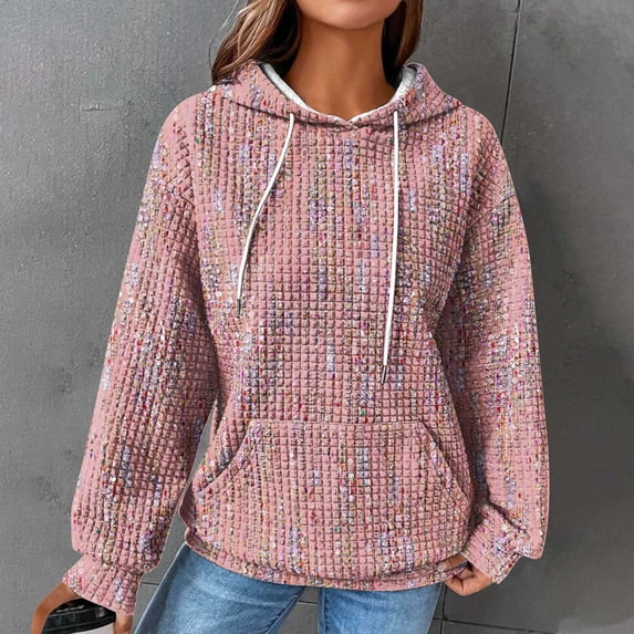 Women Waffle Hoodies,2024 Women Oversized Hoodies Casual Basic Waffle Long Sleeve Pullover Top Hooded Sweatshirt with Pocket