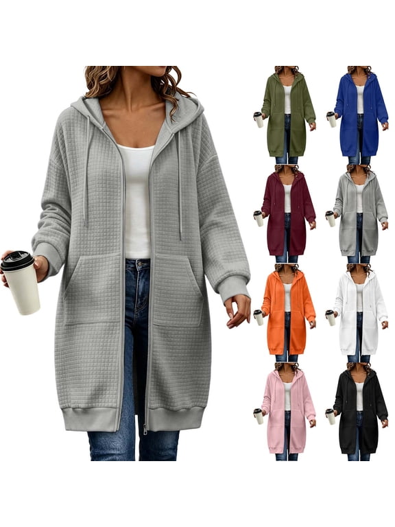Women Waffle Jacket Medium Length Hooded Zip Up Outwear with Pocket,Warm Windproof Fall Winter Daily Casual Loose Wear,Gray,M