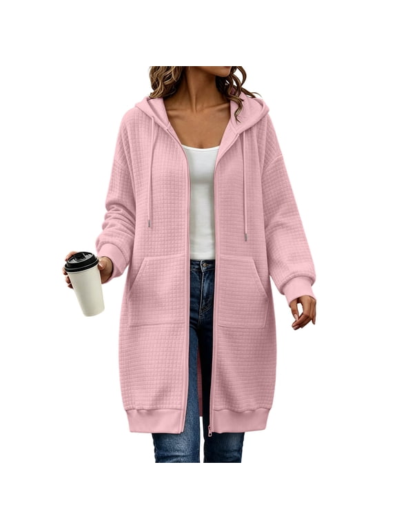 Women Waffle Jacket Medium Length Hooded Zip Up Outwear with Pocket,Warm Windproof Fall Winter Daily Casual Loose Wear,Pink,XXL