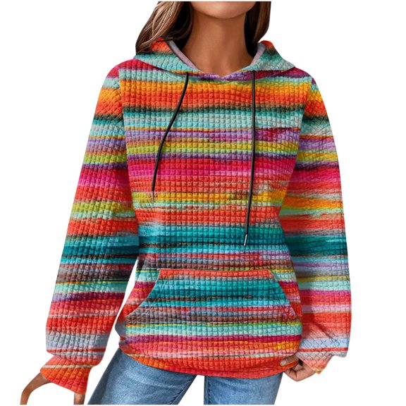 Women Waffle Knit Cute Hoodies Rainbow Colors Drawstring Long Sleeve Pullover Sweatshirts Casual Comfy Tops with Pocket