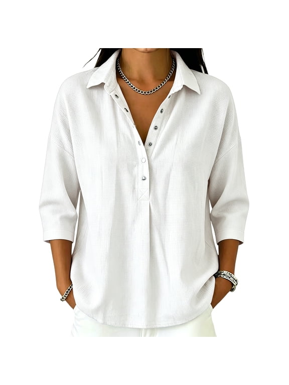Women Waffle Knit Henley Shirt 3/4 Sleeve Collared Half Button Pullover Top Loose Drop Shoulder Casual Blouse For Daily Business Occasions S