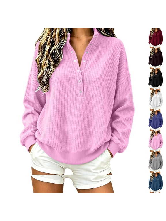 Women Waffle Knit Henley Sweatshirt Sevevn Stand Collar Button Henley Relaxed Fit Waffle Knit Fabric Drop Shoulder Long Sleeve Ribbed Cuffs Hem For Daily Wear