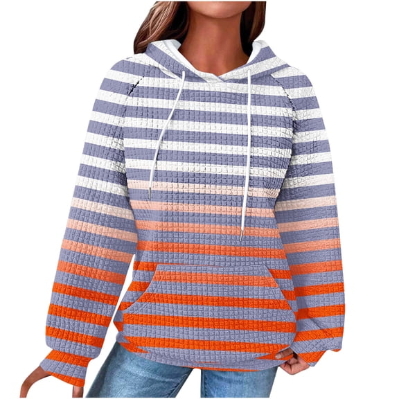 Women Waffle Knit Hoodie with Pocket Raglan Long Sleeve Drawstring Gradient Color Block Hooded Sweatshirt Pullover (2XL, Pink-Stripes)
