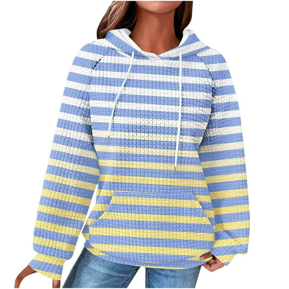 Women Waffle Knit Hoodie with Pocket Raglan Long Sleeve Drawstring Gradient Color Block Hooded Sweatshirt Pullover (M, Light Blue-Stripes)