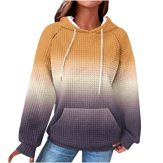 Women Waffle Knit Hoodie with Pocket Raglan Long Sleeve Drawstring Gradient Color Block Hooded Sweatshirt Pullover (M, Orange)