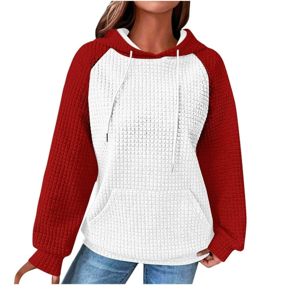 Women Waffle Knit Hoodie with Pocket Raglan Long Sleeve Drawstring Gradient Color Block Hooded Sweatshirt Pullover (XL, Red|Colorblock)