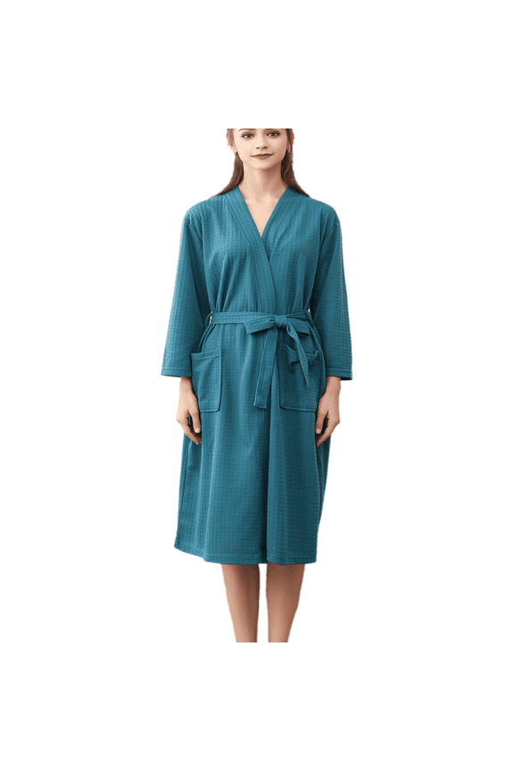 Women Waffle Knit Kimono Spa Robe Soft Cozy Breathable Lightweight Bathrobe with Side Pockets