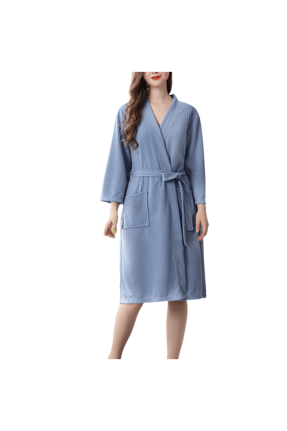 Women Waffle Knit Kimono Spa Robe Soft Cozy Breathable Lightweight Bathrobe with Side Pockets