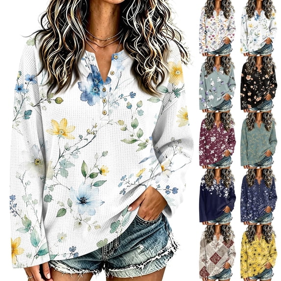 Women Waffle Knit Long Sleeve Blouse Henley Neck Half Button Shirt Loose Fit Casual Tunic Top L